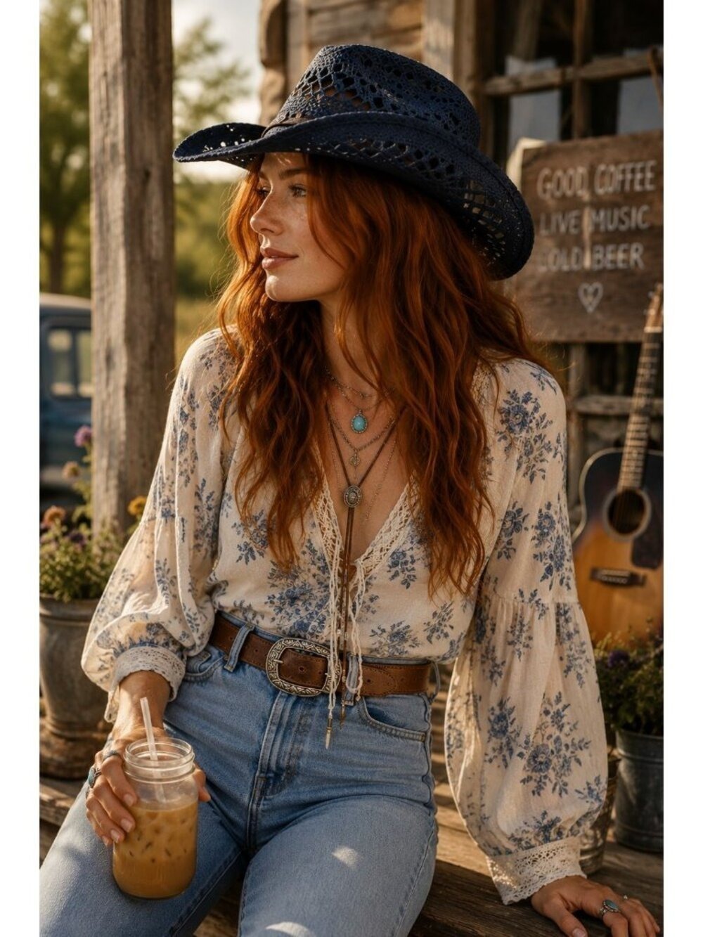 Blue Straw Cowboy Hat Rolled Brim One Size Western Cowgirl Beach - Picture 3 of 9